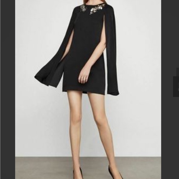 BCBGMaxazria NWT Black Cape style dress with Gold/Silver flower details - Picture 2 of 7